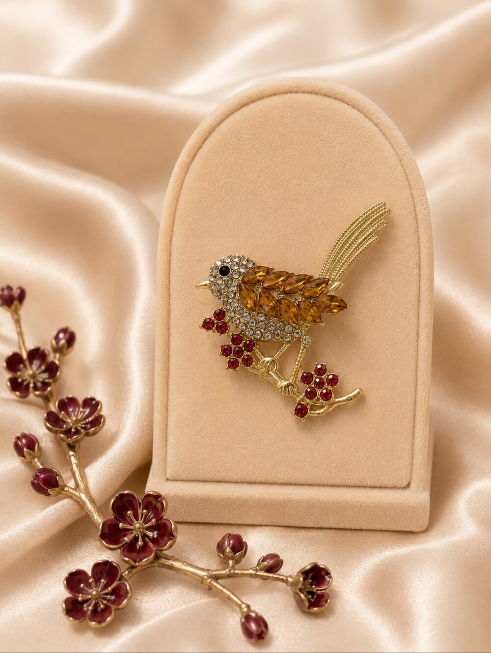 Gold-Tone Magpie Rhinestone Bird On Flower Branch Brooch